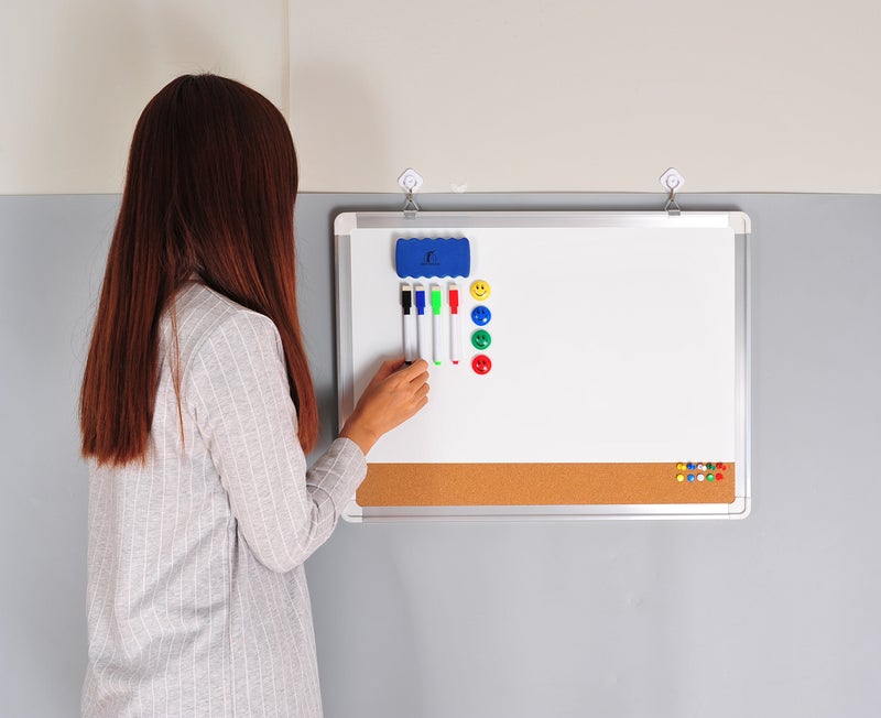 Navy Penguin White Board Cork Board Combo - 24x18 in Dry Erase Board with Cork and 1 Magnetic Eraser, 4 Dry Wipe Markers, 4 Magnets and 10 Pins - Wall Hanging Whiteboard with Corkboard for Home and Office - Image 3